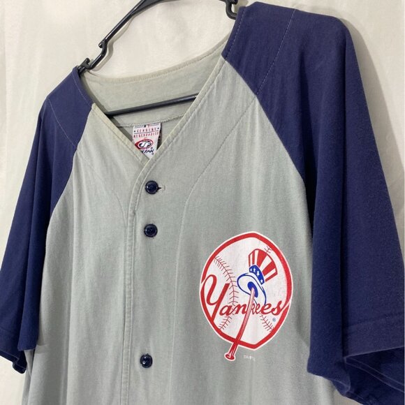 New York Yankees True Fan Baseball Jersey Large Gray & Navy Button-Up Cotton Ble - Picture 2 of 7